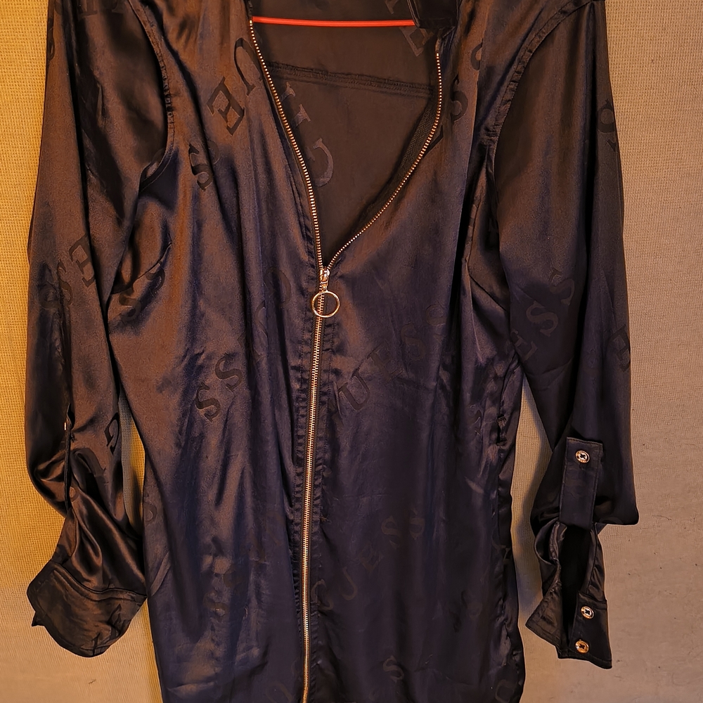 Guess Black Satin Dress with Logo Pattern
